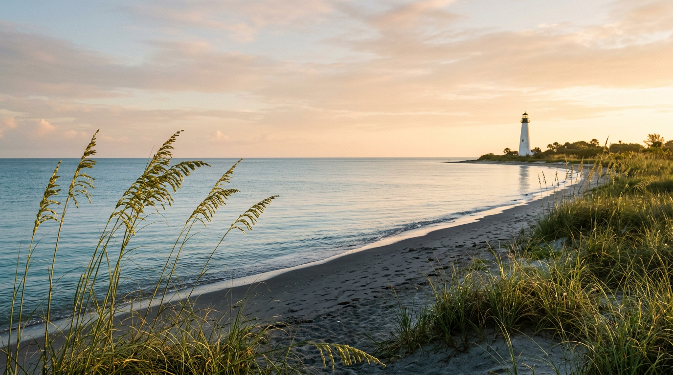 A lighthouse beside the calm Gulf Coast at sunrise